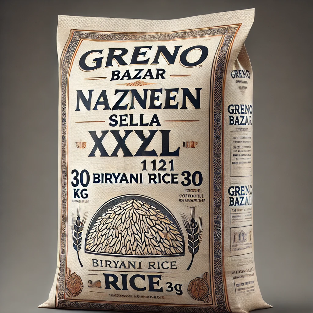 tools/Category/1733921963_DALL·E_2024-12-11_18.27.25_-_A_realistic_image_of_a_30_kg_bag_of___Greno_Bazaar_Nazneen_Sella_XXL_1121_Biryani_Rice__,_featuring_a_professional_and_clean_packaging_design._The_bag.webp